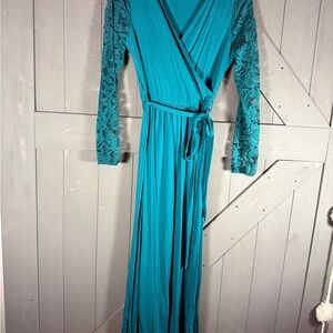 Kramda Dark Teal Faux Wrap Maxi Dress with Lace Sleeves